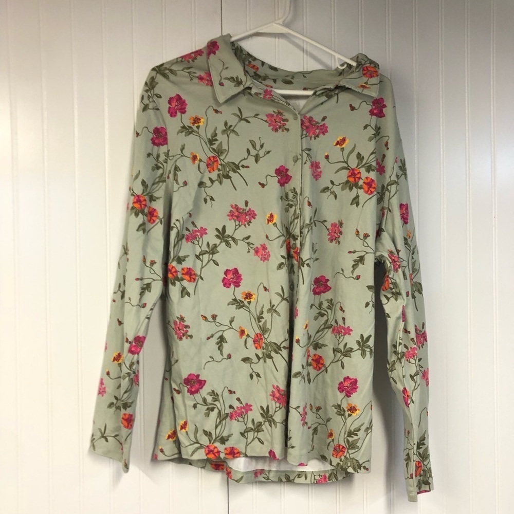 Isaac Mizrahi Floral Button Down Shirt - Pink and Green- 2X